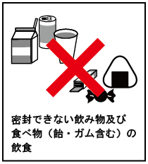 密封できない飲み物及び食べ物(飴・ガム含む)の飲食禁止の画像